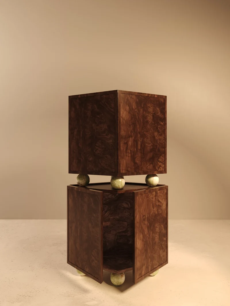 ORO I – Walnut Burl Veneer Cabinet with Onyx Spheres