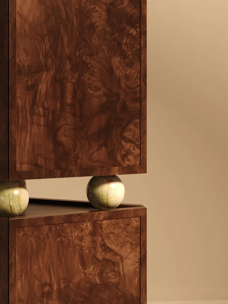 ORO I – Walnut Burl Veneer Cabinet with Onyx Spheres