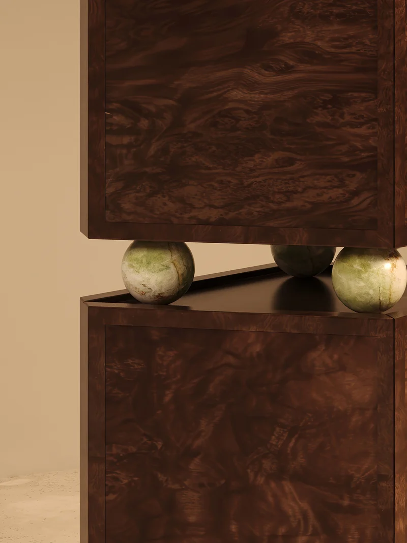 ORO I – Walnut Burl Veneer Cabinet with Onyx Spheres