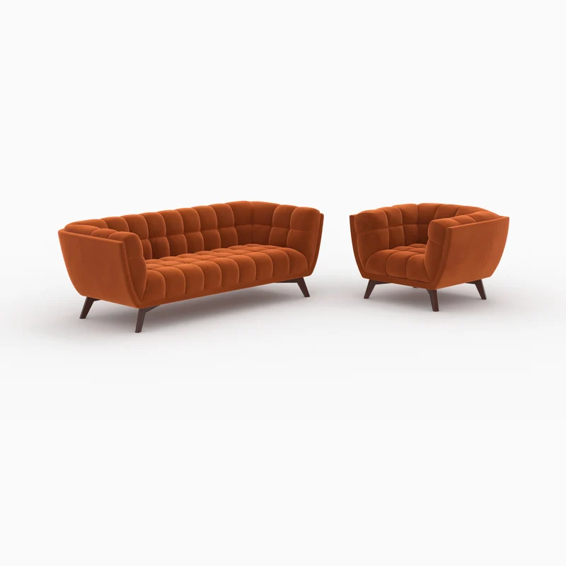 Ensemble canapé et fauteuil Mona en velours orange 4 places