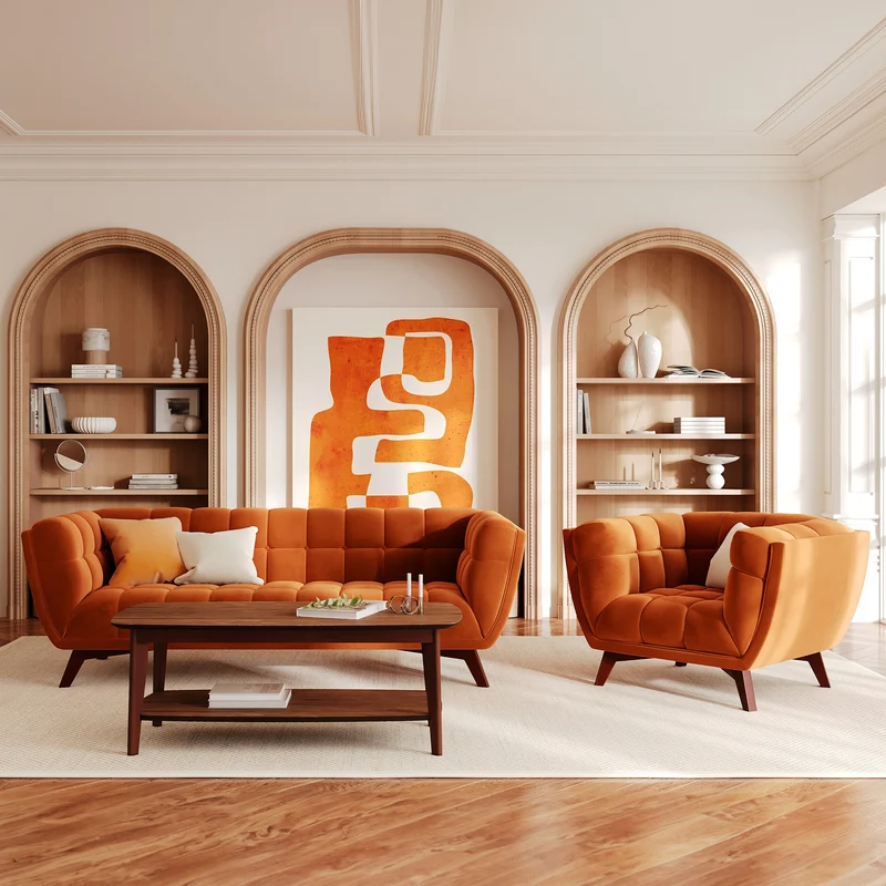 Ensemble canapé et fauteuil Mona en velours orange 4 places