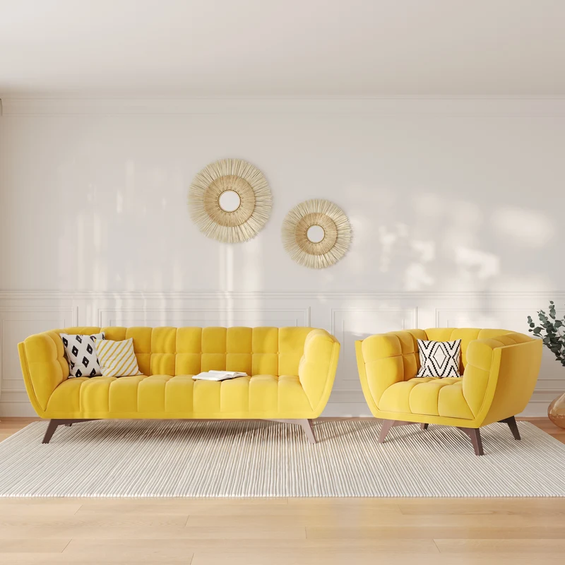 Ensemble canapé et fauteuil Mona en velours jaune 4 places