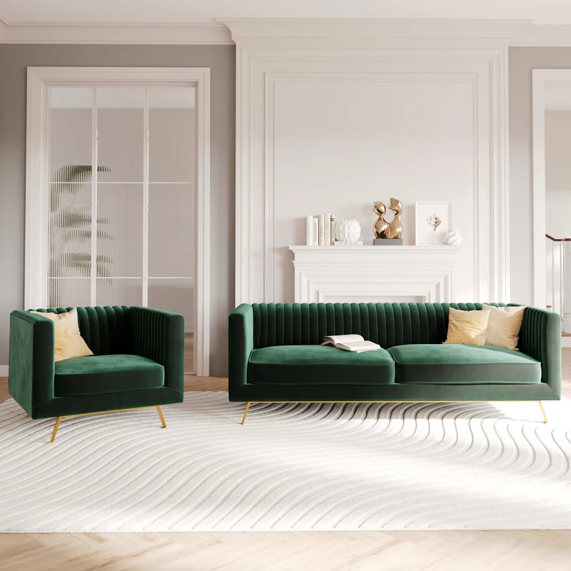 Ensemble canapé et fauteuil Gatsby en velours vert 3 places