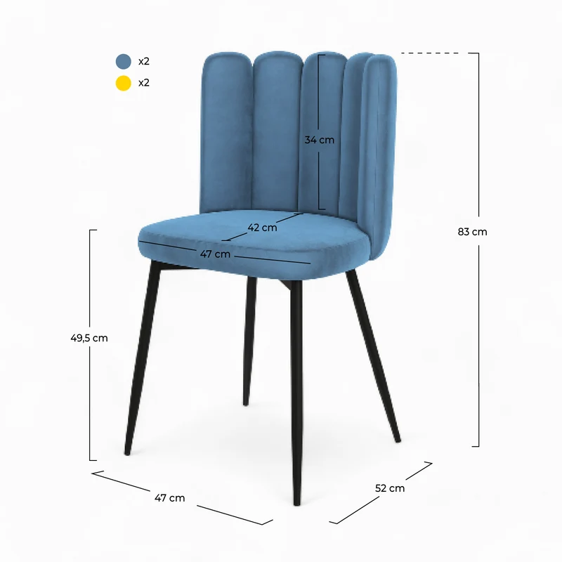 Pack 4 chaises Rosy en velours bleu et jaune