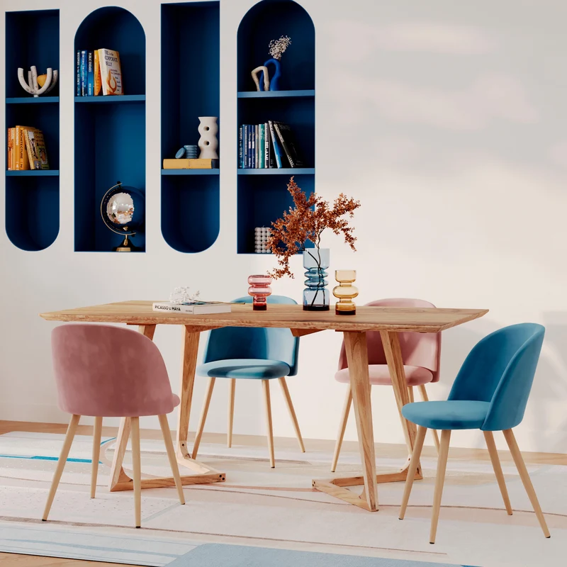 Pack 4 chaises Cozy en velours bleu et rose