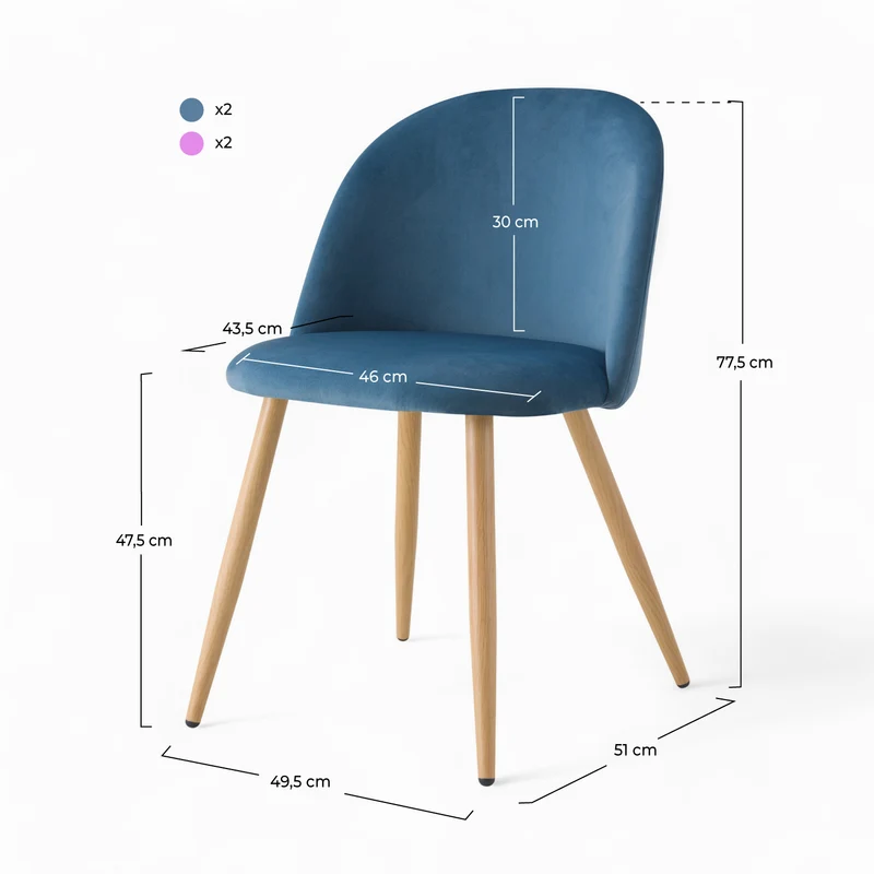 Pack 4 chaises Cozy en velours bleu et rose