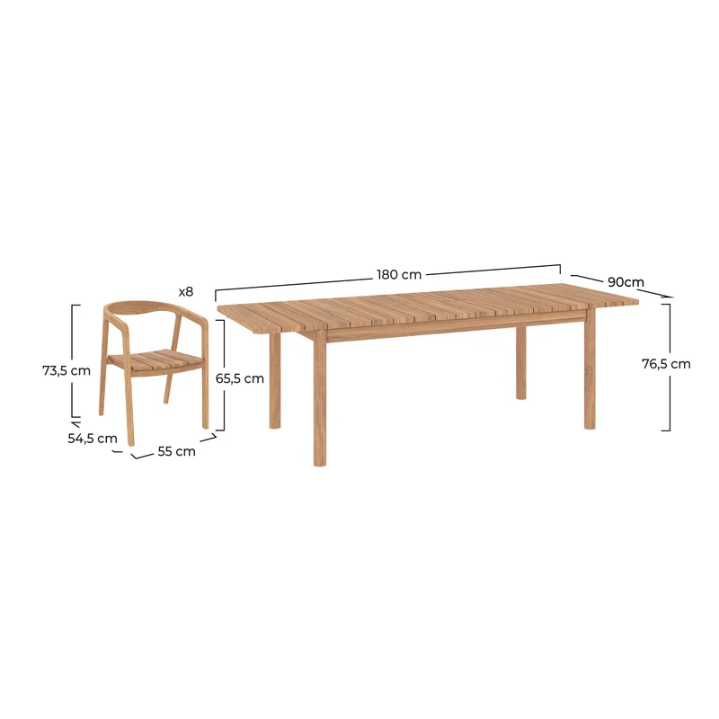 Table et chaises de jardin Kora 8 personnes en teck massif