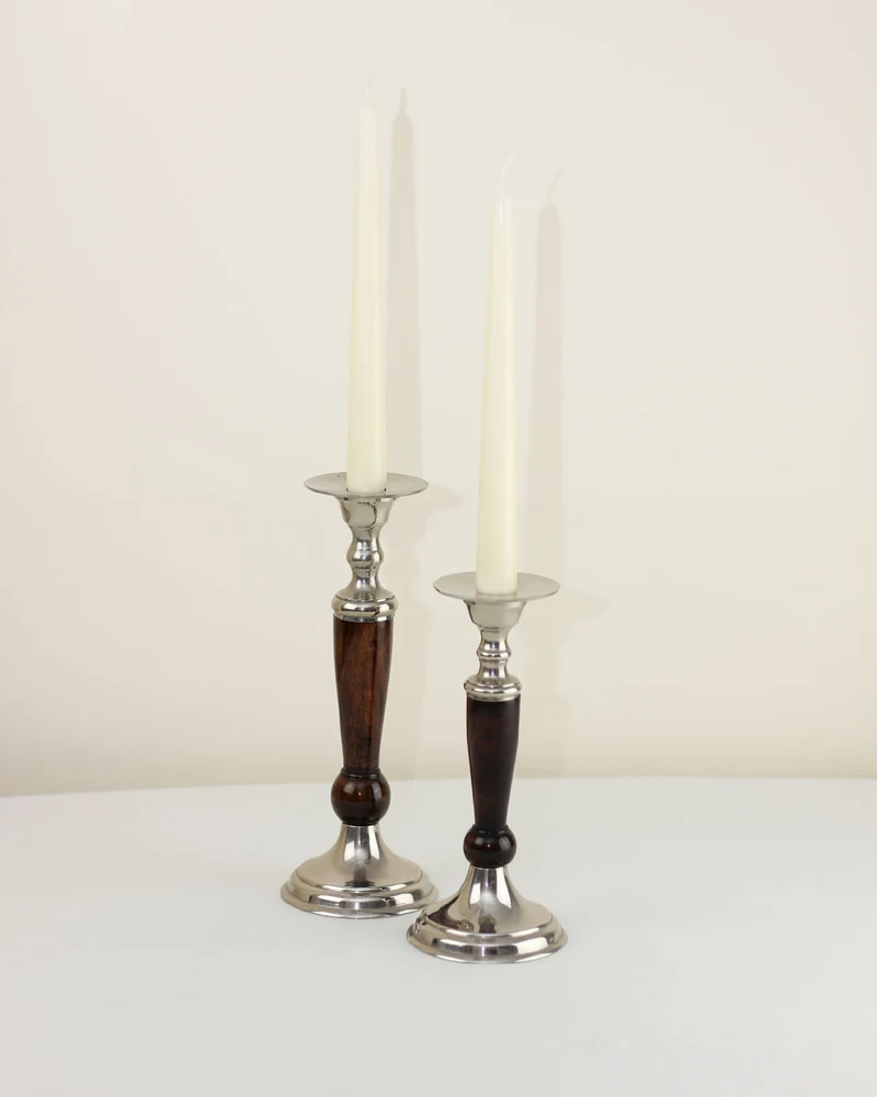 Pair of Wood and Brass Candleholders