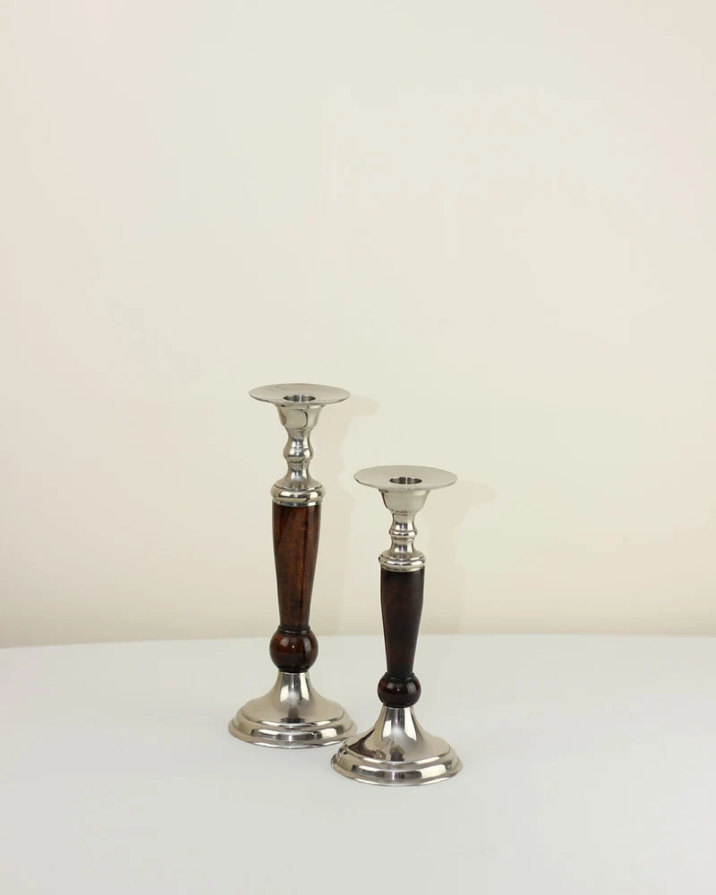 Pair of Wood and Brass Candleholders