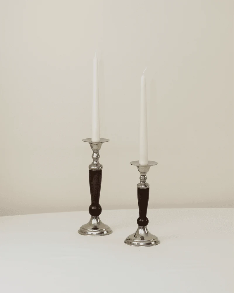 Pair of Wood and Brass Candleholders