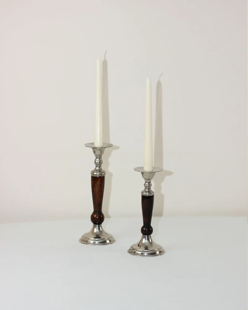 Pair of Wood and Brass Candleholders