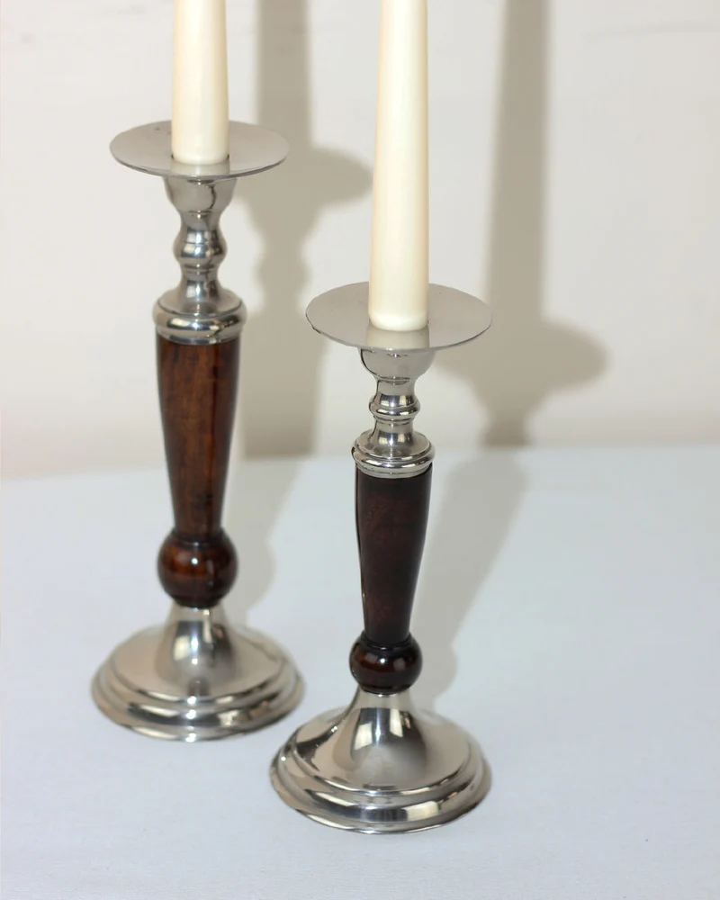Pair of Wood and Brass Candleholders