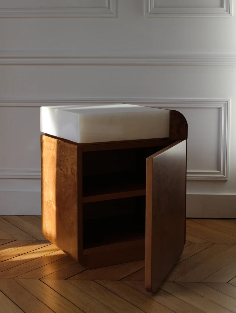 "Amo" Burl Wood and White Onyx Side Table