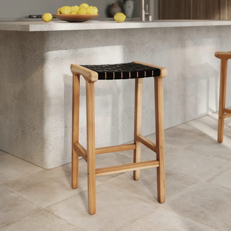 Tabouret de bar mi-hauteur Kuna en cuir tressé noir 68 cm