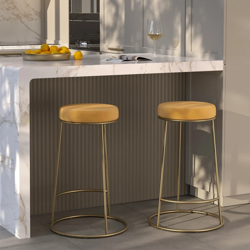 Tabouret de bar mi-hauteur Kendal en velours jaune curry 63 cm (lot de 2)