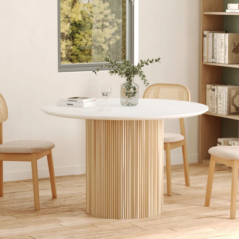 Table ronde 4 personnes Agathe en marbre blanc et bois de manguier