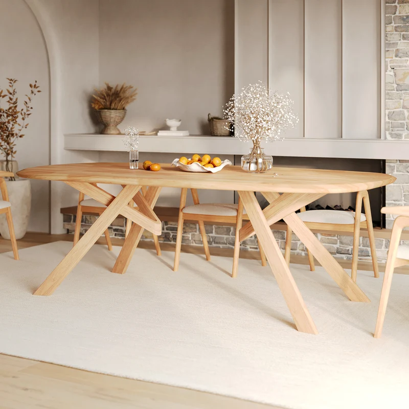 Table Merlin rectangulaire en bois d'hévéa massif clair 8 personnes