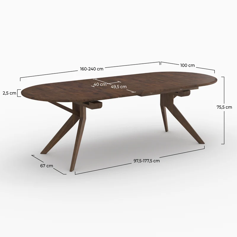 Table Oli extensible en bois d'hévéa massif foncé 6 à 10 personnes