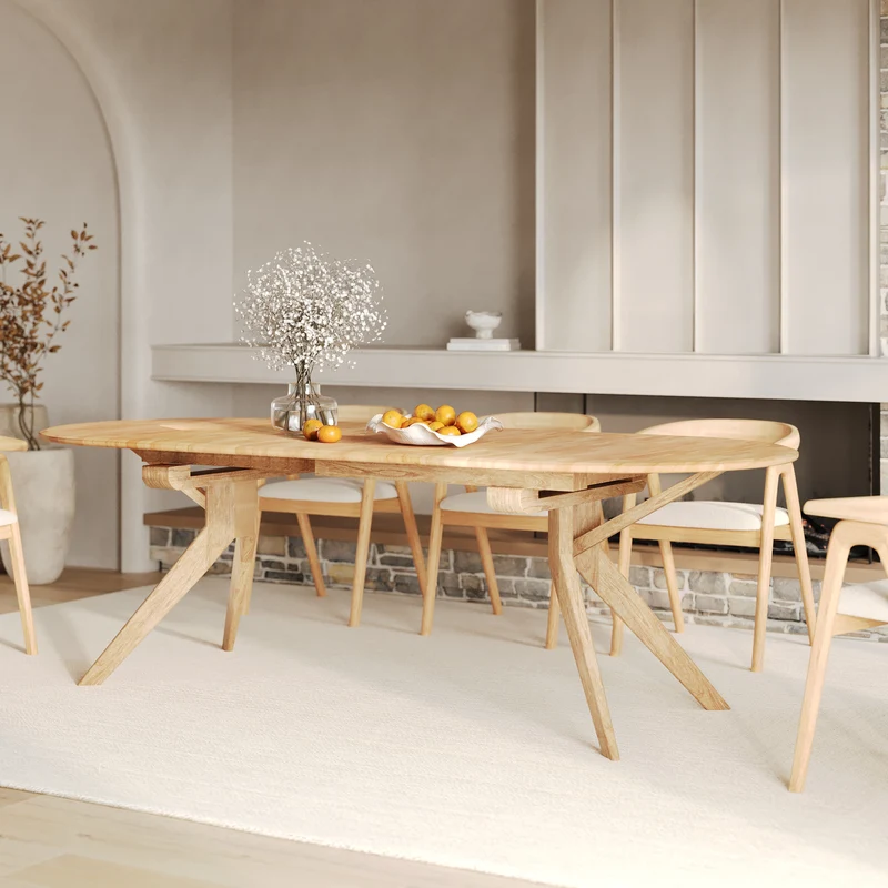 Table Oli extensible en bois d'hévéa massif clair 6 à 10 personnes