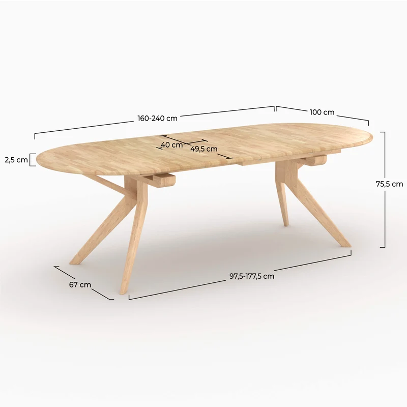 Table Oli extensible en bois d'hévéa massif clair 6 à 10 personnes