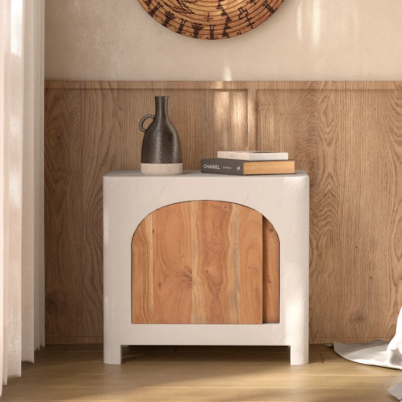 Table de chevet Fira en plâtre blanc cassé et bois d'acacia