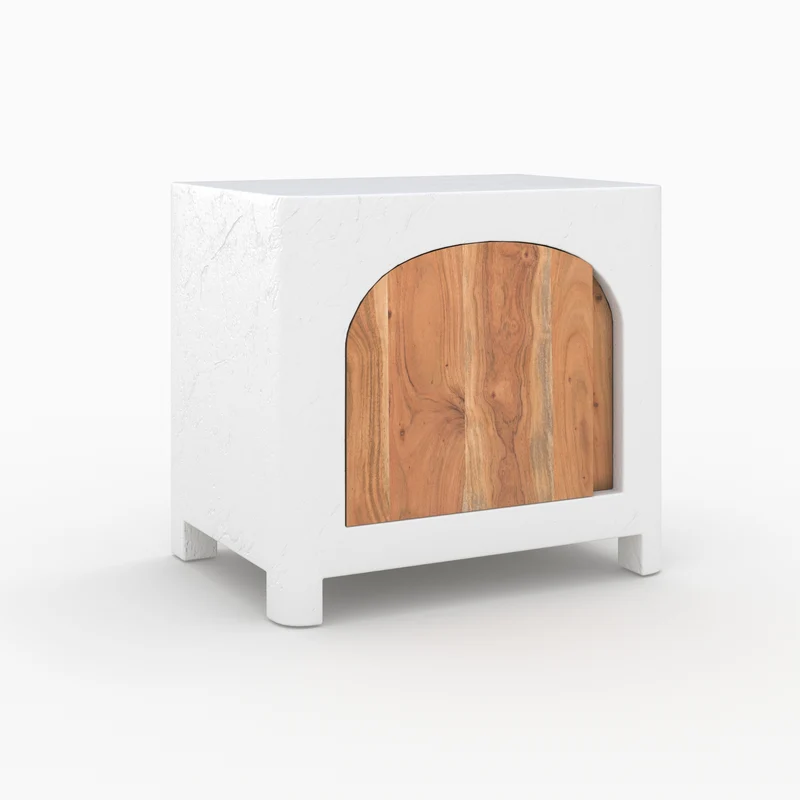 Table de chevet Fira en plâtre blanc cassé et bois d'acacia