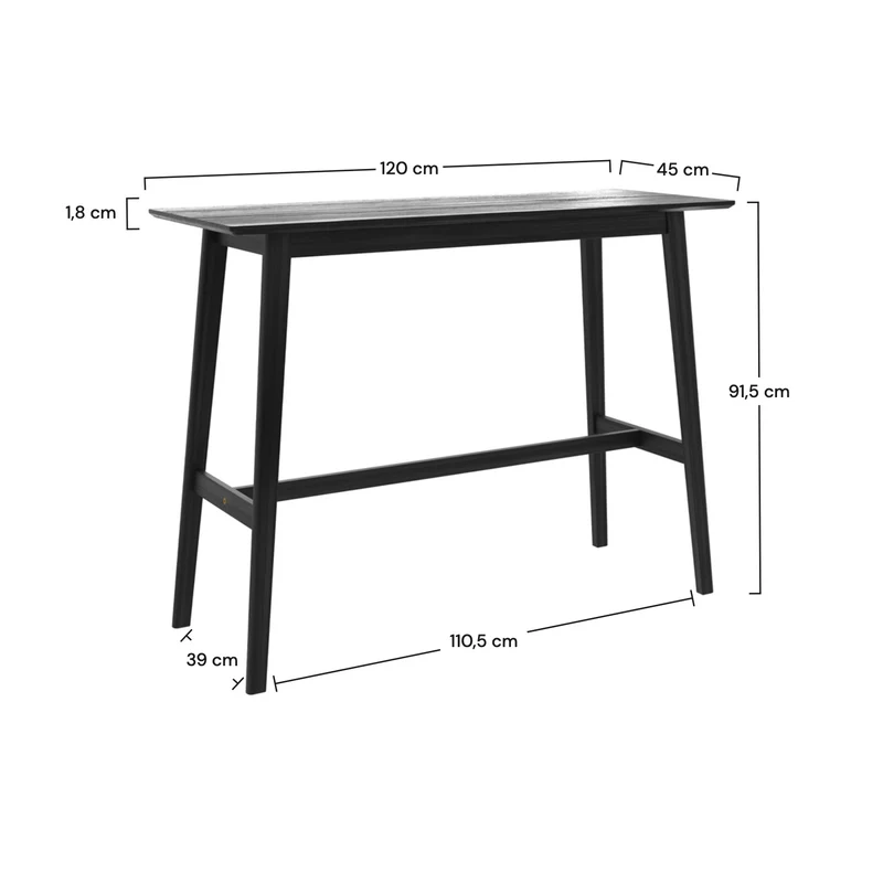 Table de bar rectangulaire Buvette 4 personnes en bois noir 120 cm