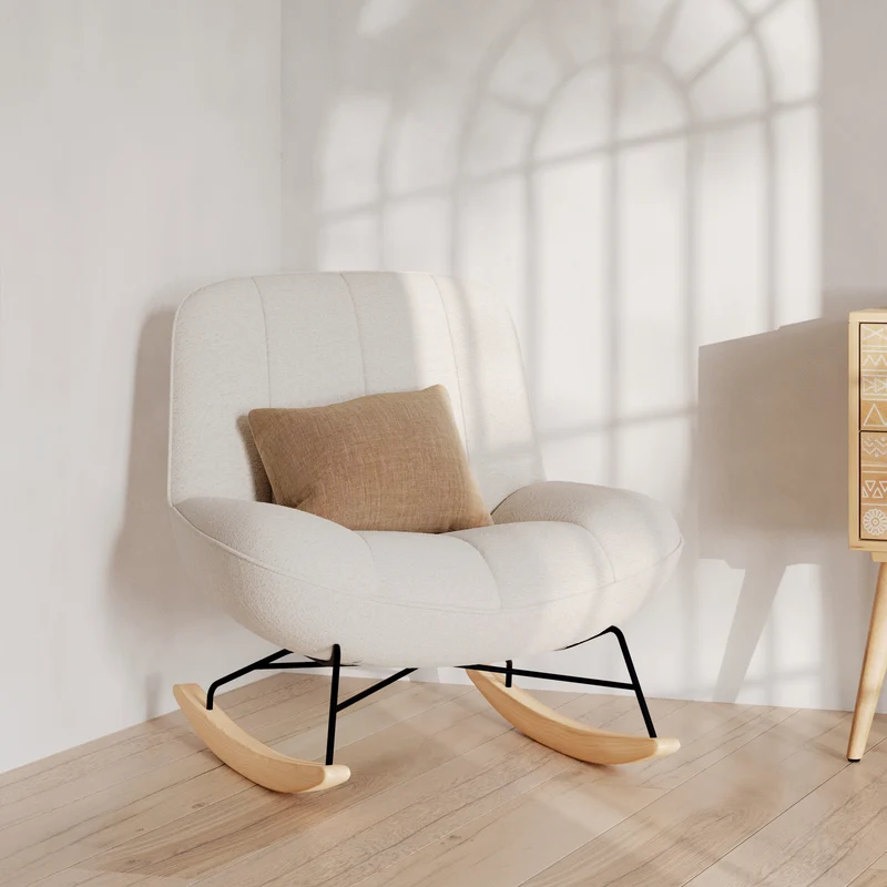 Rocking chair Alvin en tissu bouclette blanc cassé