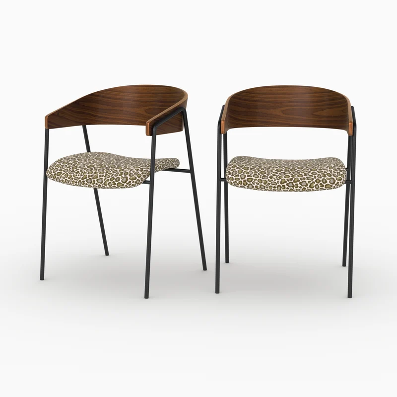 Lot de 2 chaises Esmée en tissu léopard vert kaki et bois de noyer