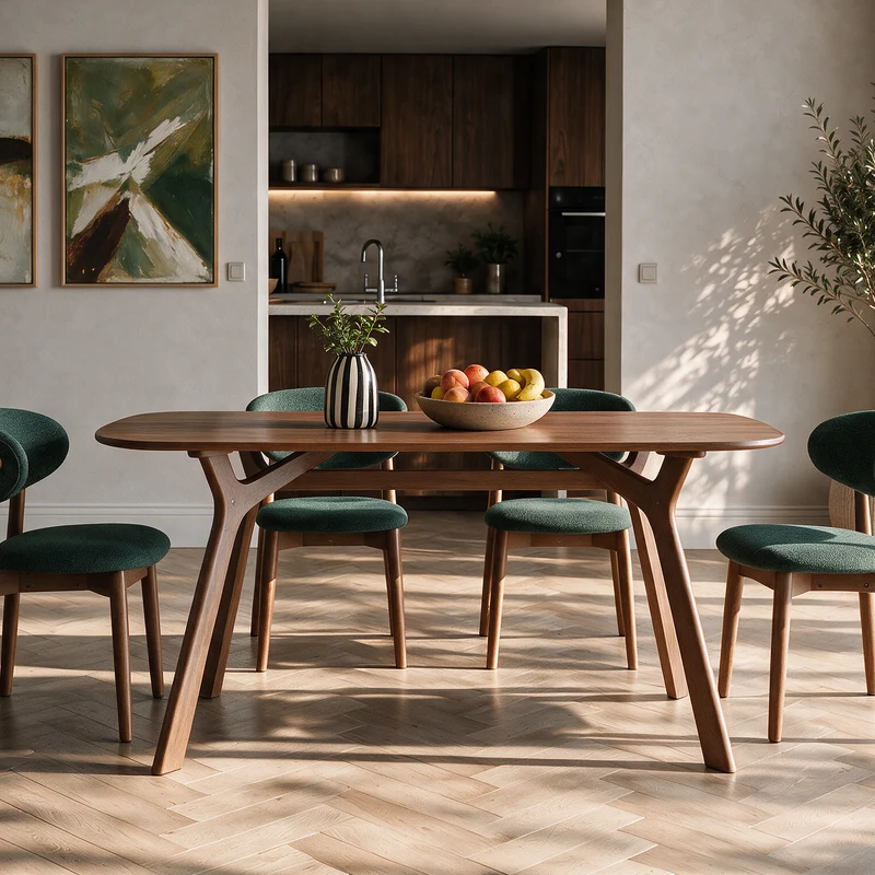 Table rectangulaire Paula 6 places en bois d'hévéa massif et placage en noyer 180 cm