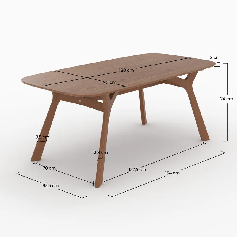 Table rectangulaire Paula 6 places en bois d'hévéa massif et placage en noyer 180 cm