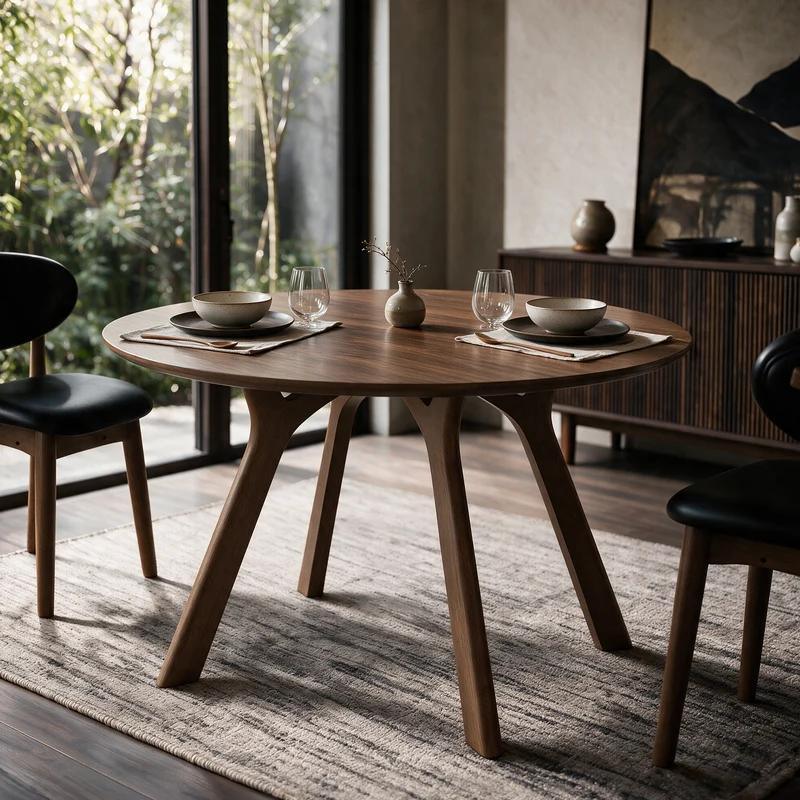 Table ronde Izzi 4 personnes en bois d'hévéa massif et placage en noyer D120 cm