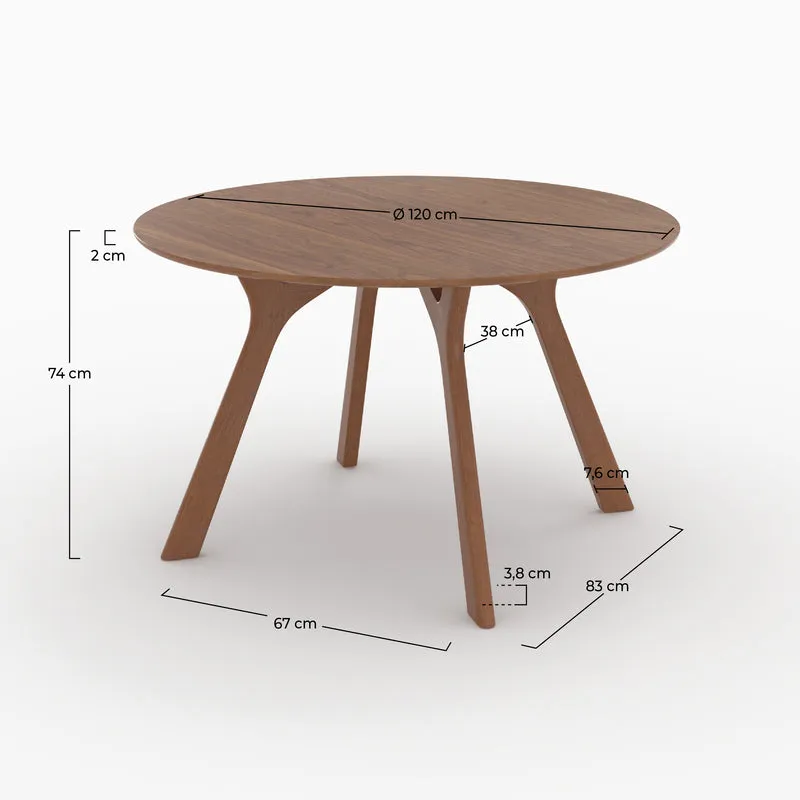 Table ronde Izzi 4 personnes en bois d'hévéa massif et placage en noyer D120 cm