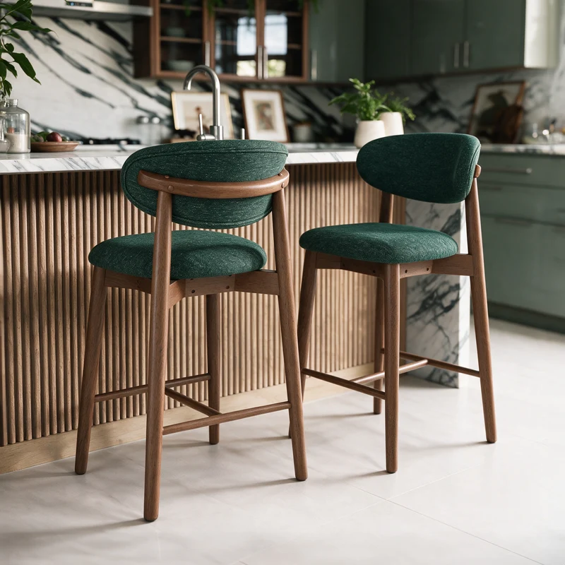 Lot de 2 chaises pour ilot central Yuna 64,5 cm en tissu chiné vert sapin et bois foncé