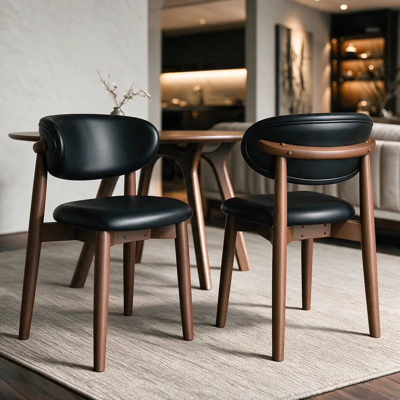 Lot de 2 chaises Yuna en cuir synthétique noir et bois foncé