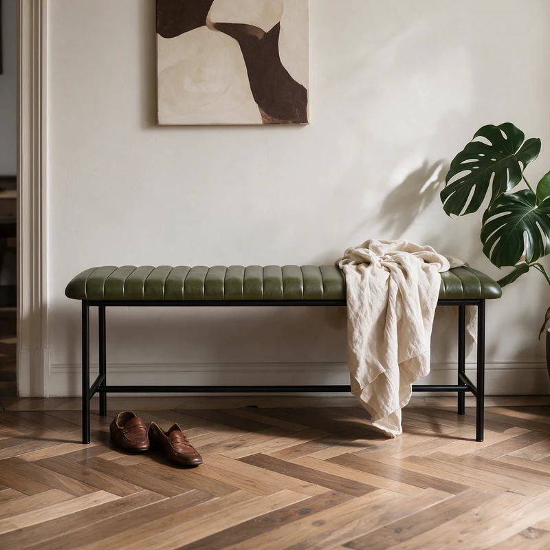 Banc Émile 100 cm en cuir de buffle vert