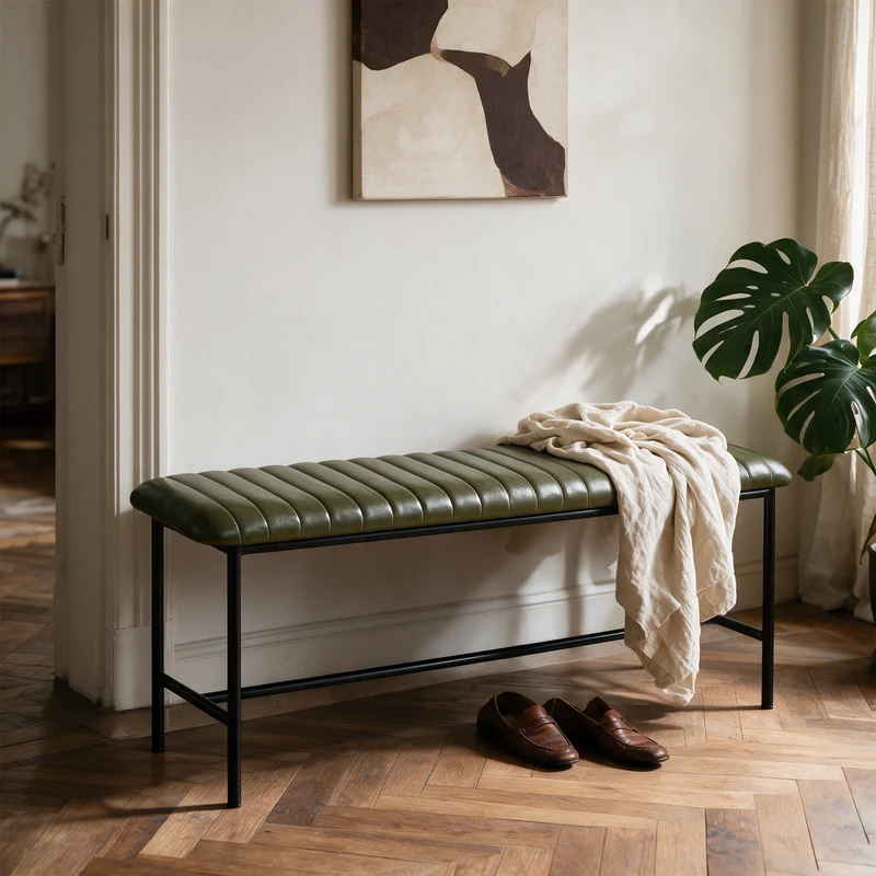 Banc Émile 100 cm en cuir de buffle vert