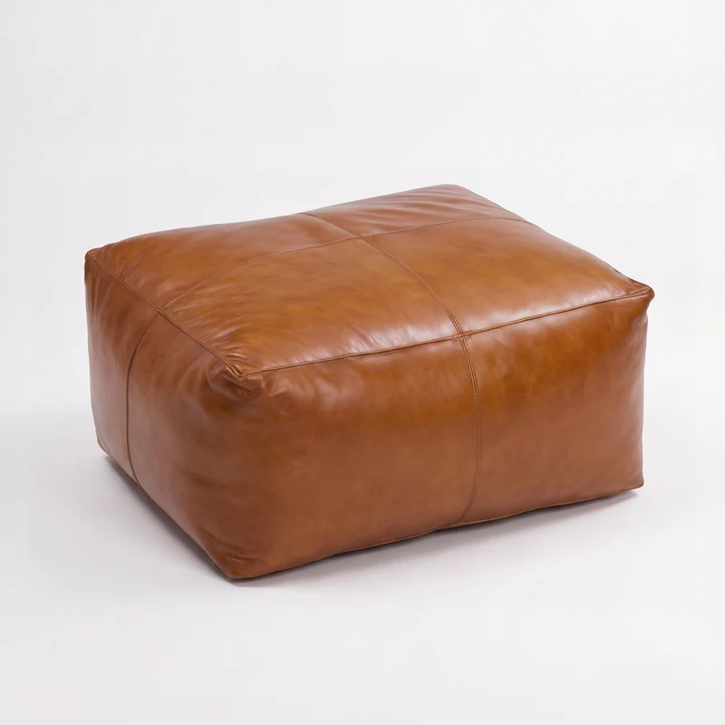 Pouf Augustin rectangulaire en cuir de buffle marron