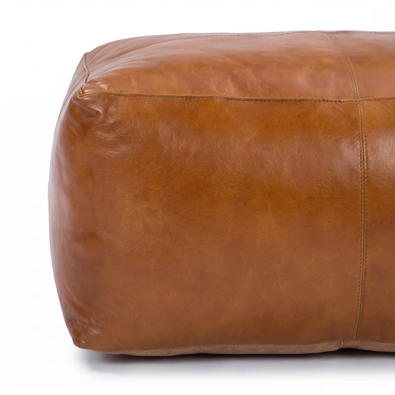 Pouf Augustin rectangulaire en cuir de buffle marron
