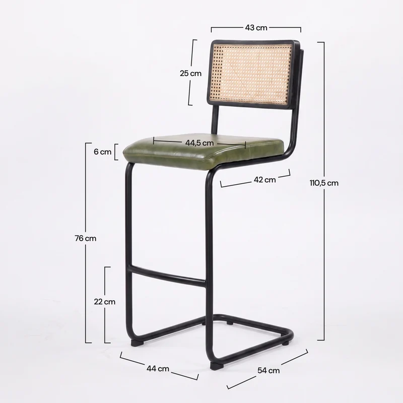 Lot de 2 chaises de bar Léandre 76 cm en cannage et cuir vert