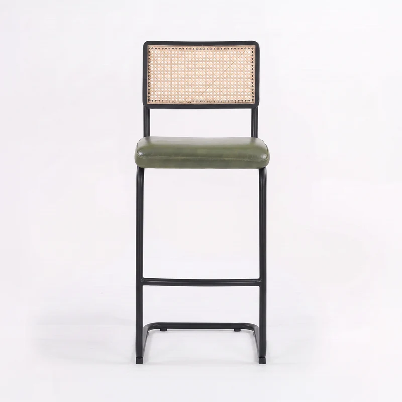 Lot de 2 chaises de bar Léandre 76 cm en cannage et cuir vert
