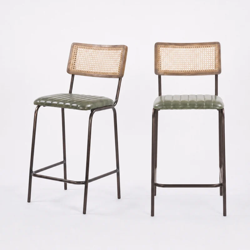 Lot de 2 chaises de bar Arsène 76 cm en cannage et cuir vert