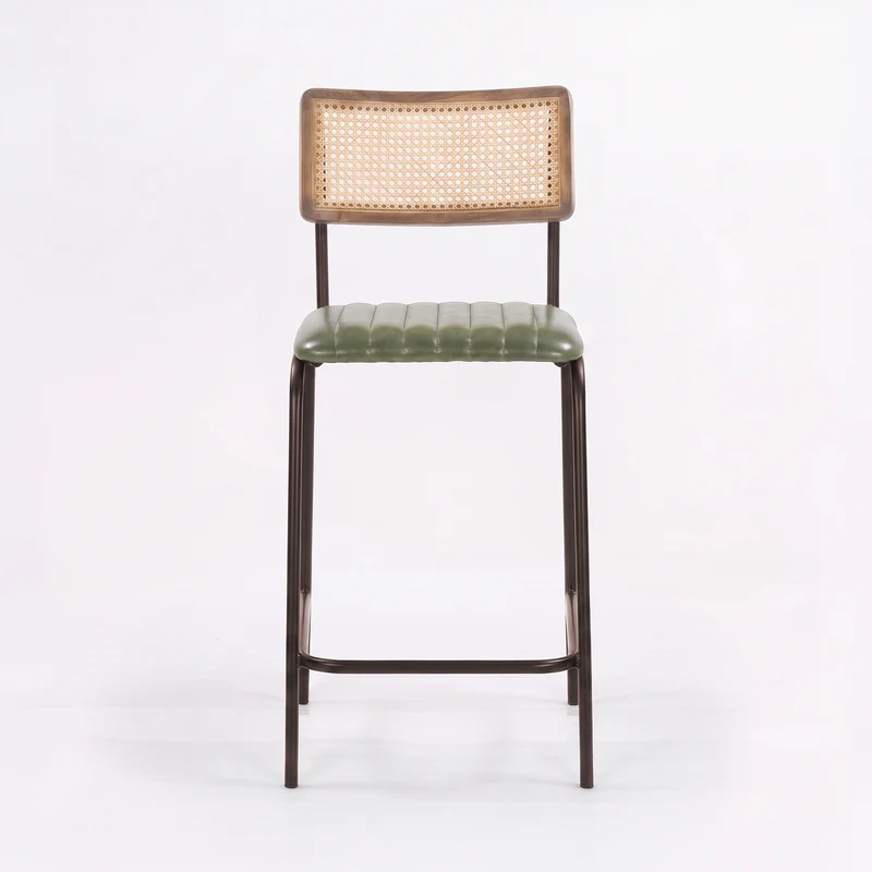Lot de 2 chaises de bar Arsène 76 cm en cannage et cuir vert
