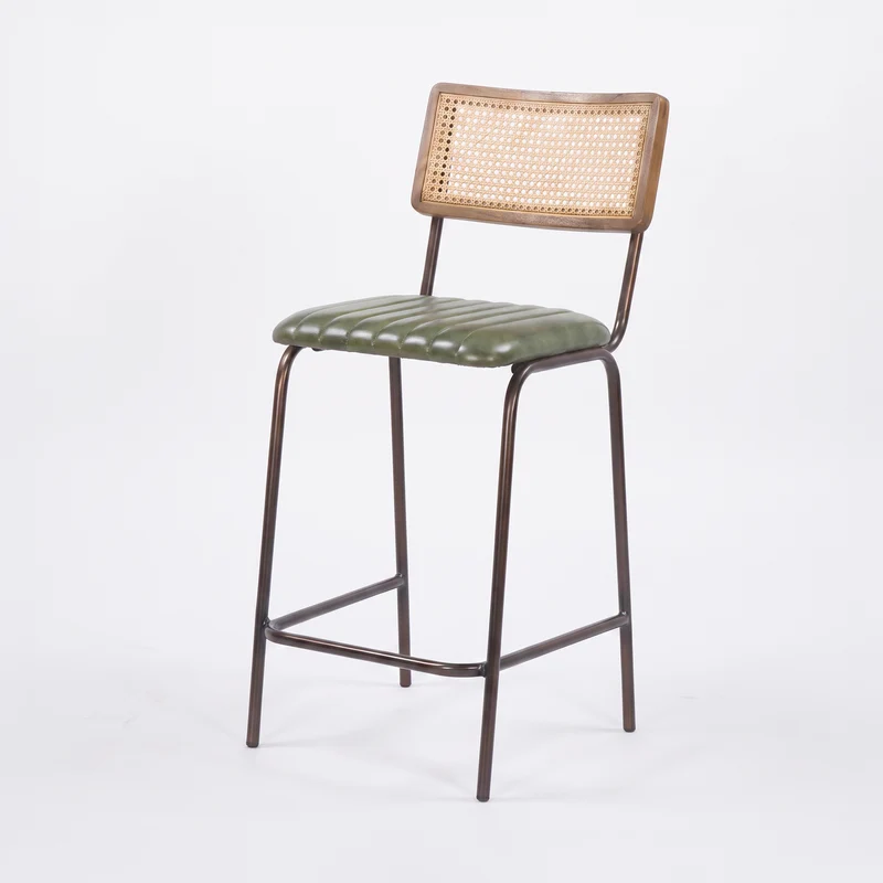 Lot de 2 chaises de bar Arsène 76 cm en cannage et cuir vert