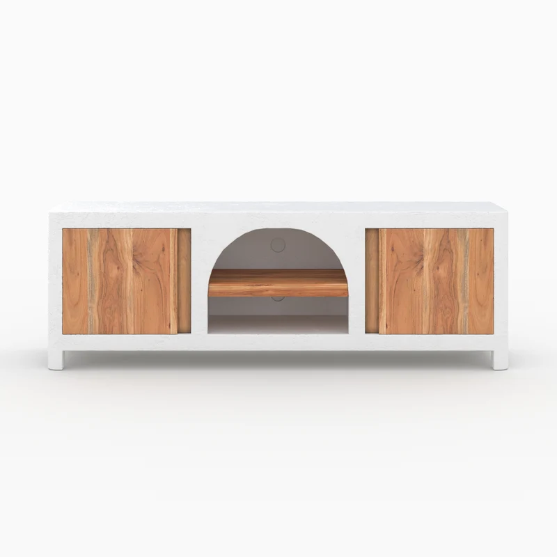 Meuble TV Fira en plâtre blanc cassé et bois d'acacia