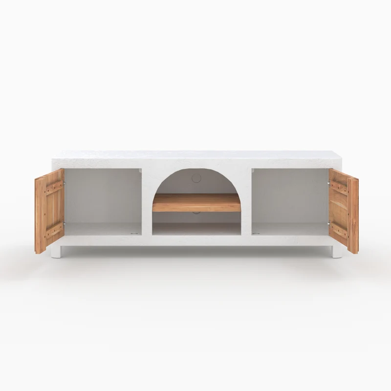 Meuble TV Fira en plâtre blanc cassé et bois d'acacia