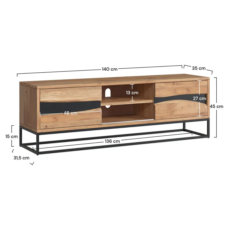 Meuble TV Alabama en bois d'acacia massif et métal 140 cm