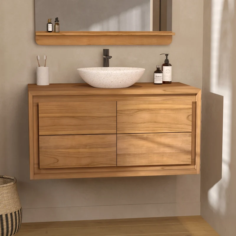 Meuble de salle de bain suspendu Hera en bois de teck 90 cm