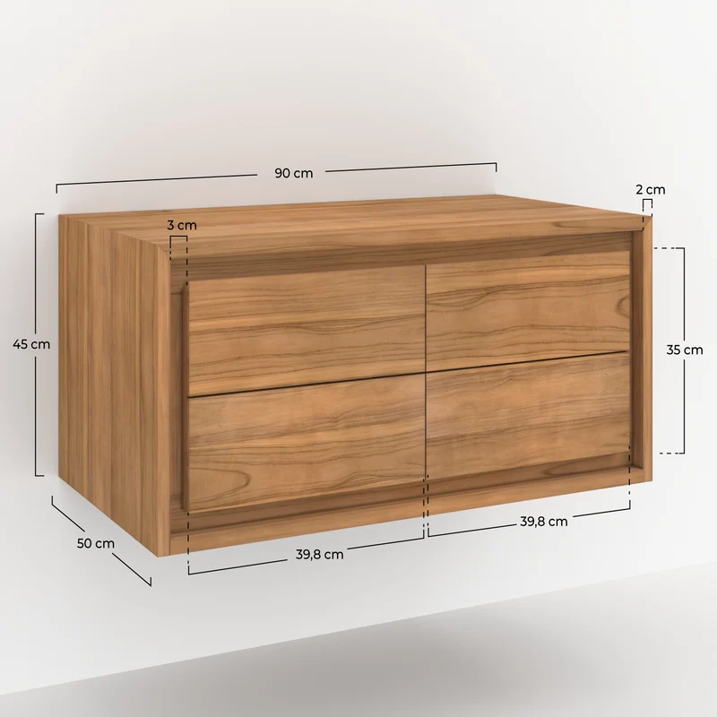 Meuble de salle de bain suspendu Hera en bois de teck 90 cm