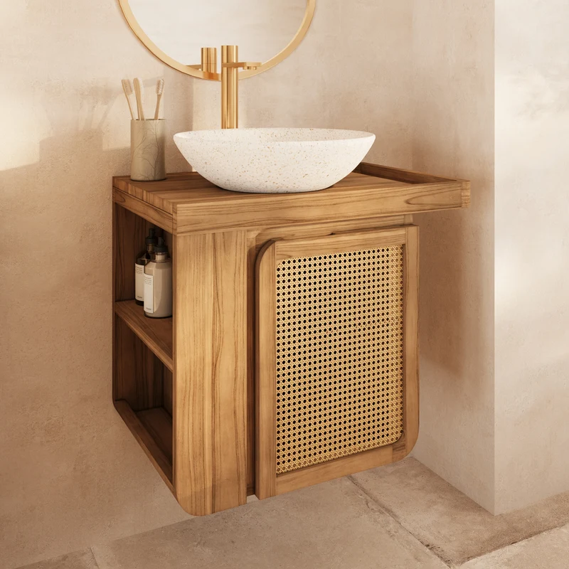 Meuble de salle de bain suspendu Dami en bois de teck et cannage 57 cm